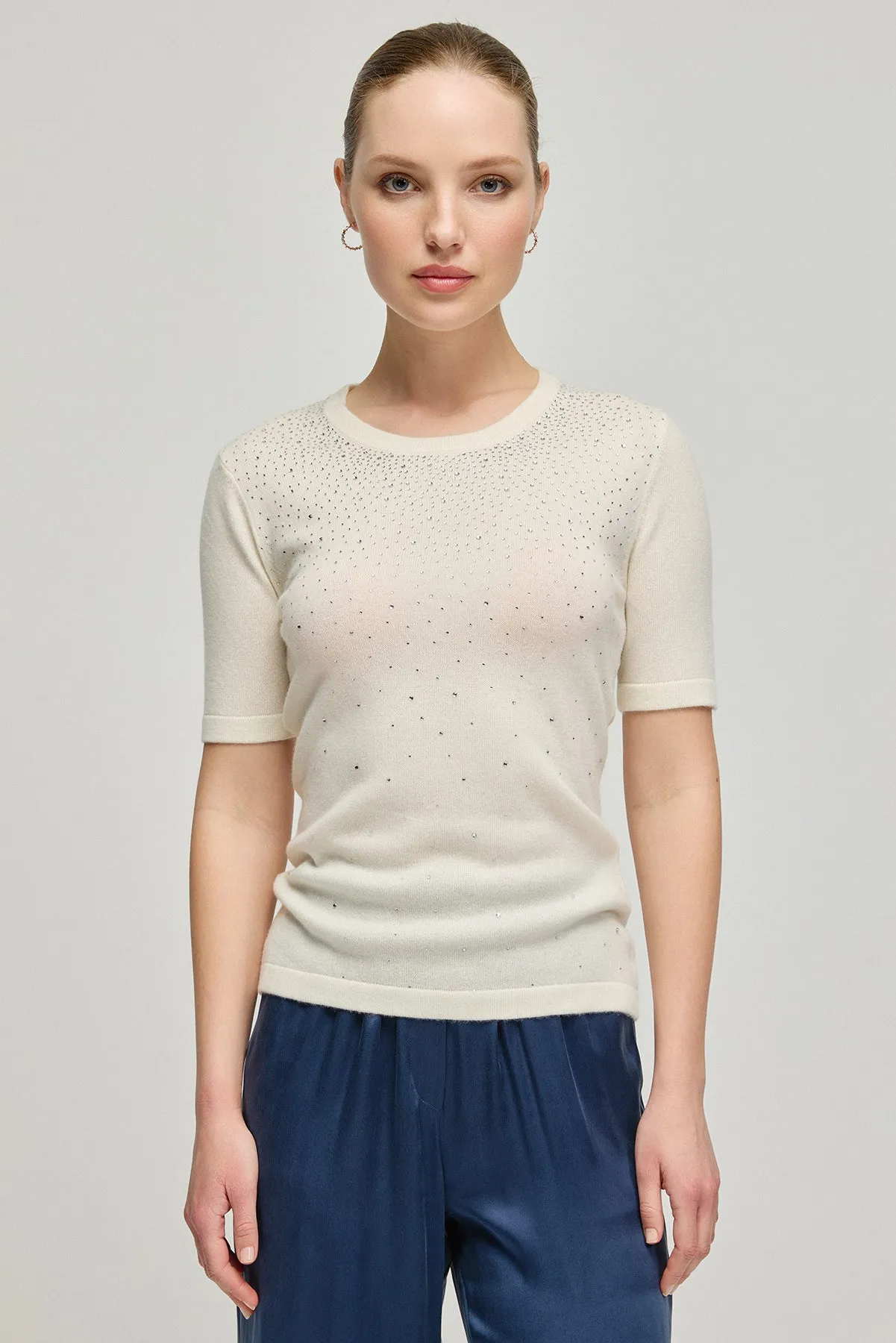 Ecru Cashmere Wool Merril Round Neck Stone Ornament Detailed Short Sleeve Knitwear