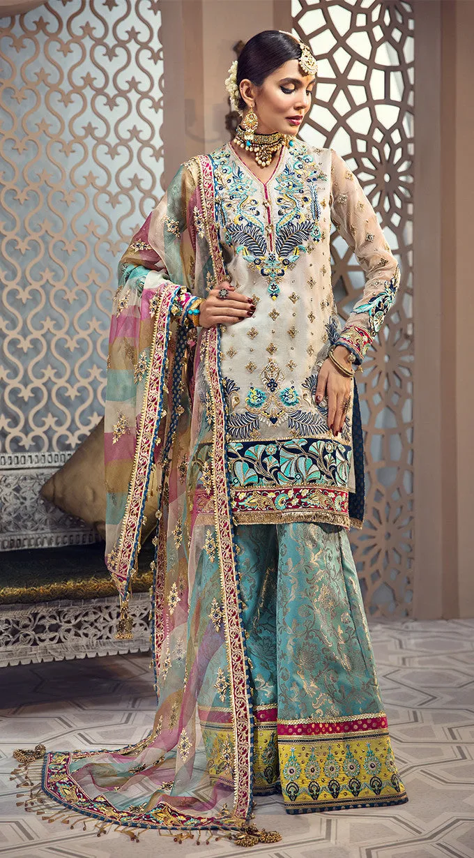 Elegant thread embroidered organza dress in white and blue color # P2349