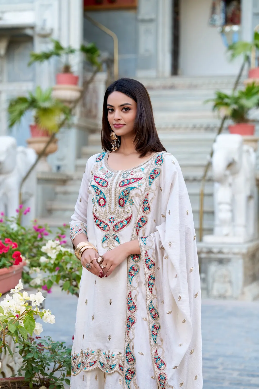 Elegant White Designer Silk Embroidered Salwar Suit