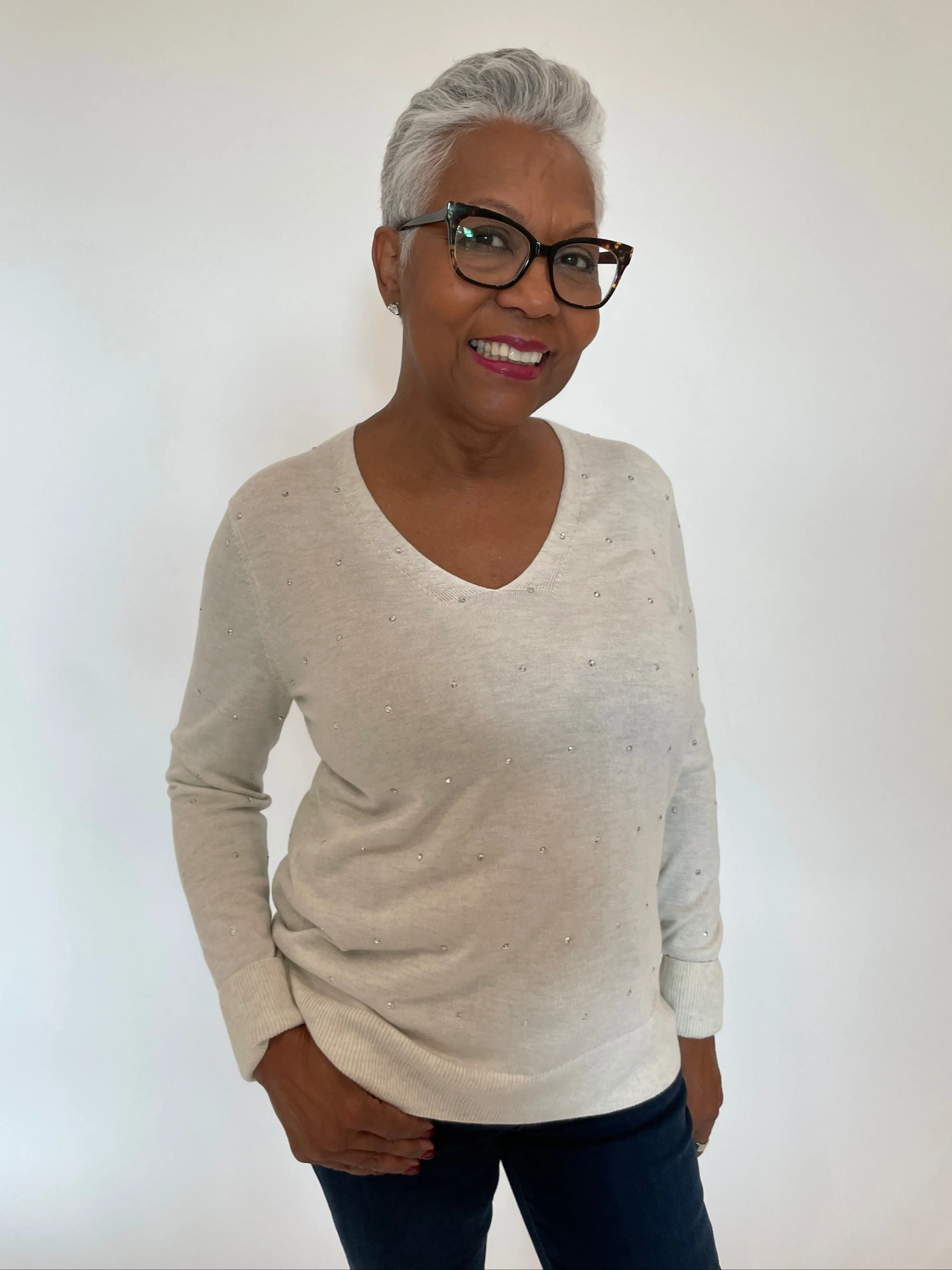 Fine Gauge Crystal Vee Sweater - Whisper