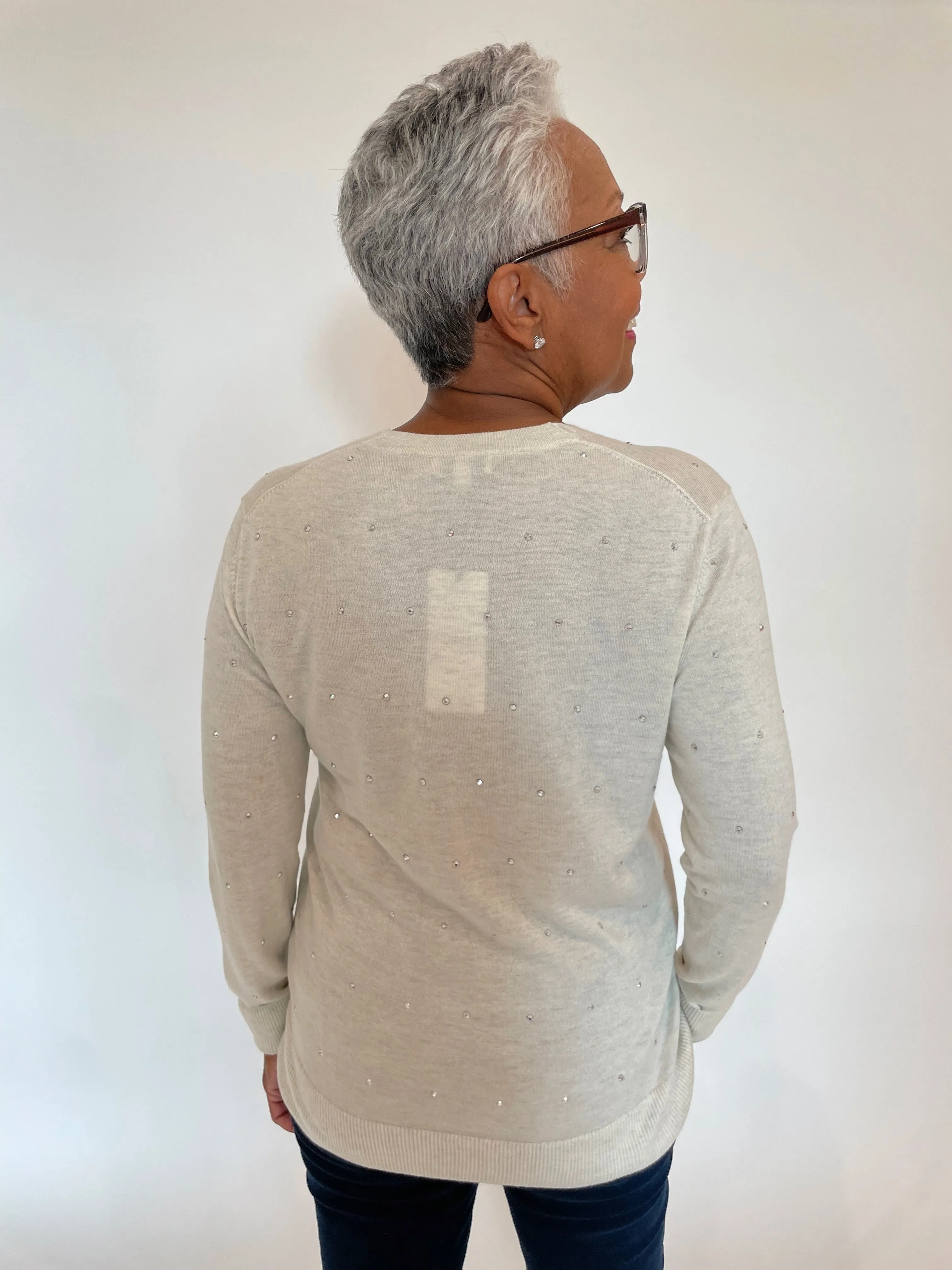 Fine Gauge Crystal Vee Sweater - Whisper