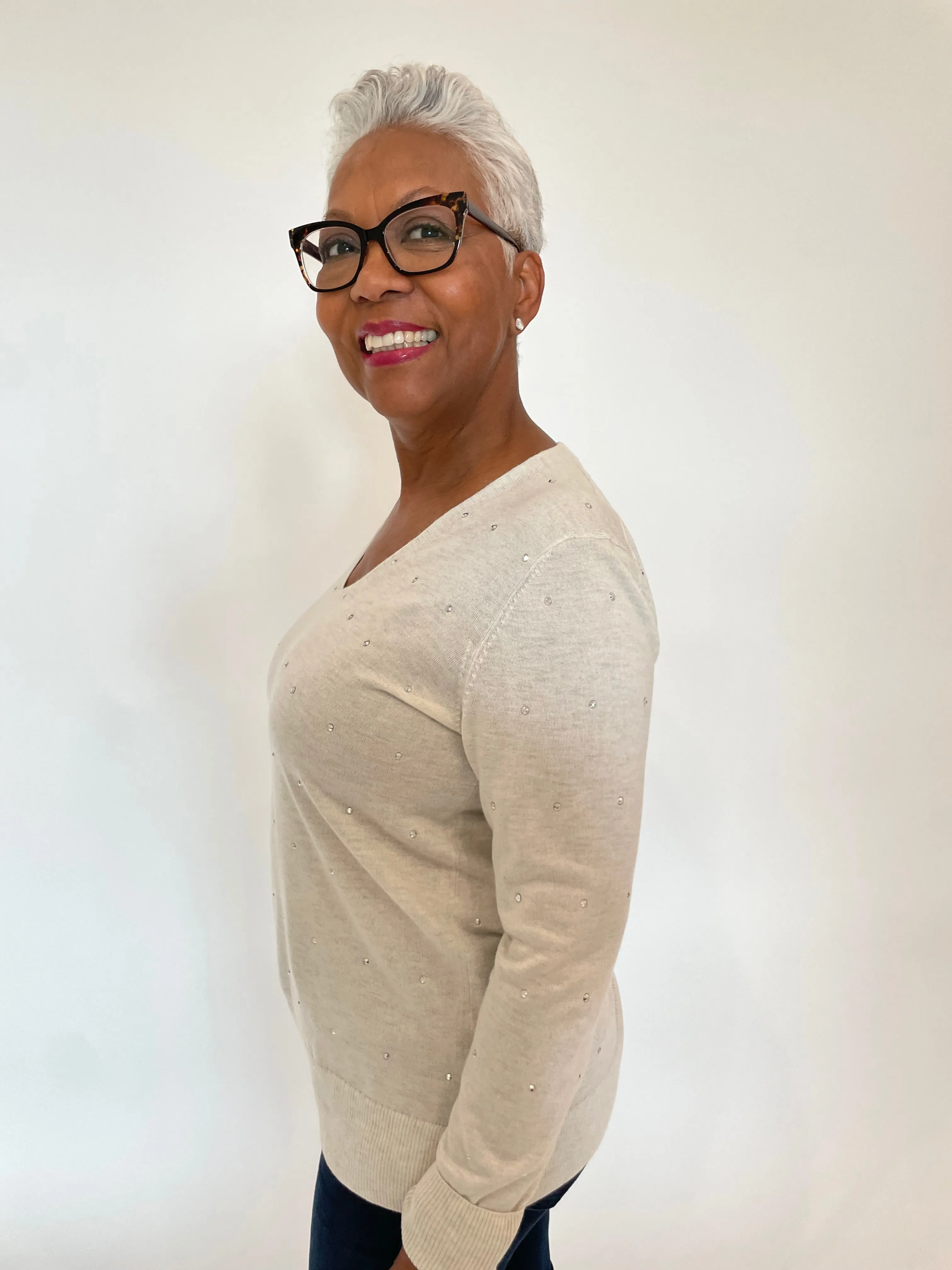 Fine Gauge Crystal Vee Sweater - Whisper