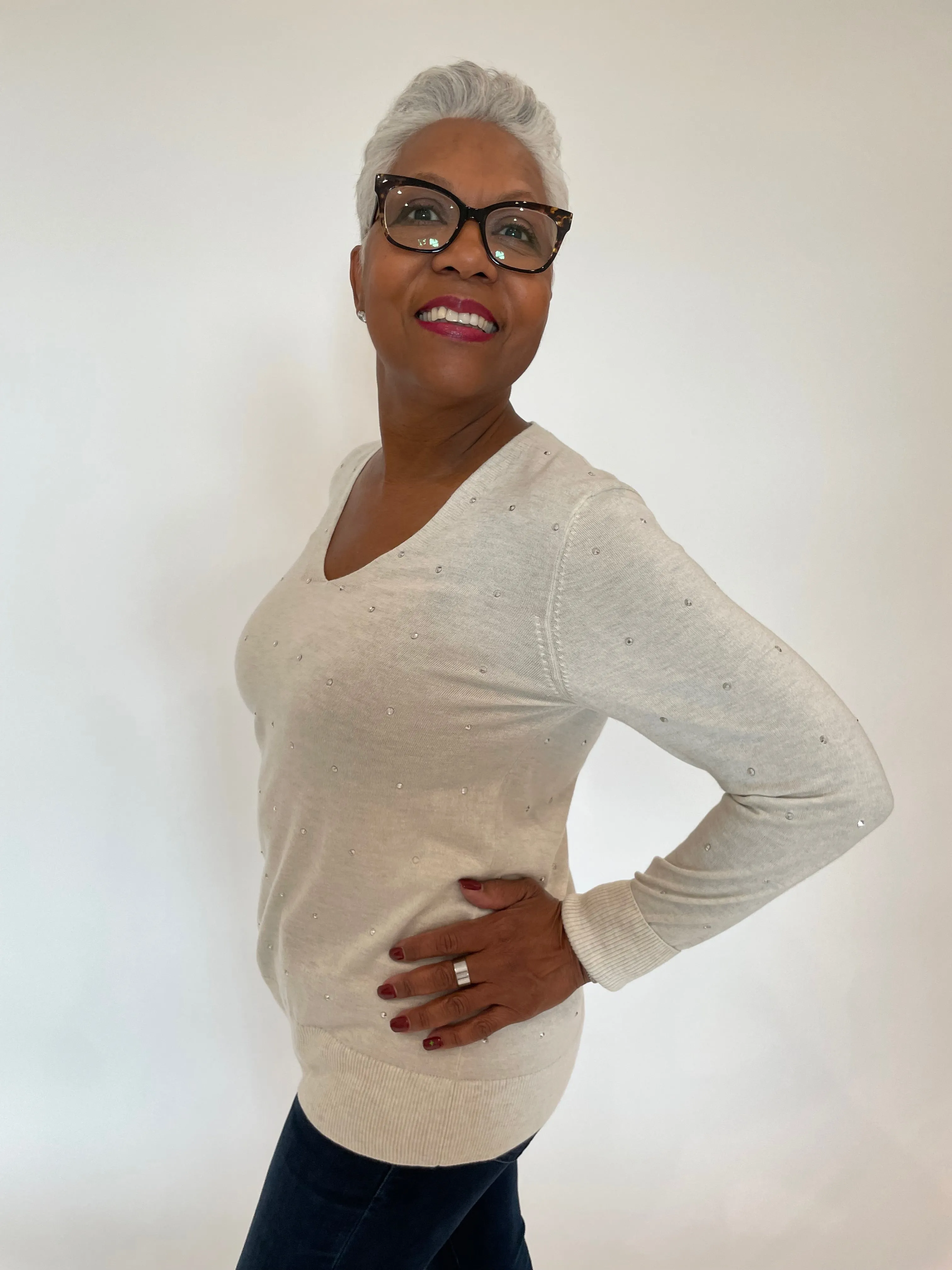 Fine Gauge Crystal Vee Sweater - Whisper