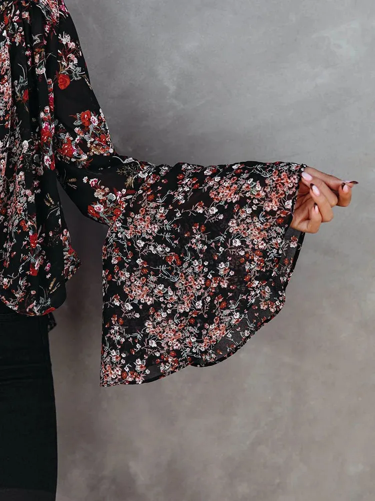 Flared Sleeves Floral Printed Elastics V-Neck Blouses&Shirts Tops