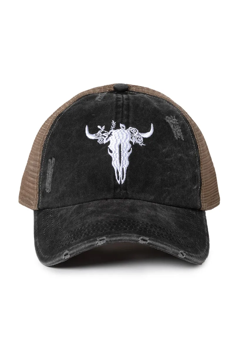 FWCAPM3394 - Long Horn Floral Emb Baseball