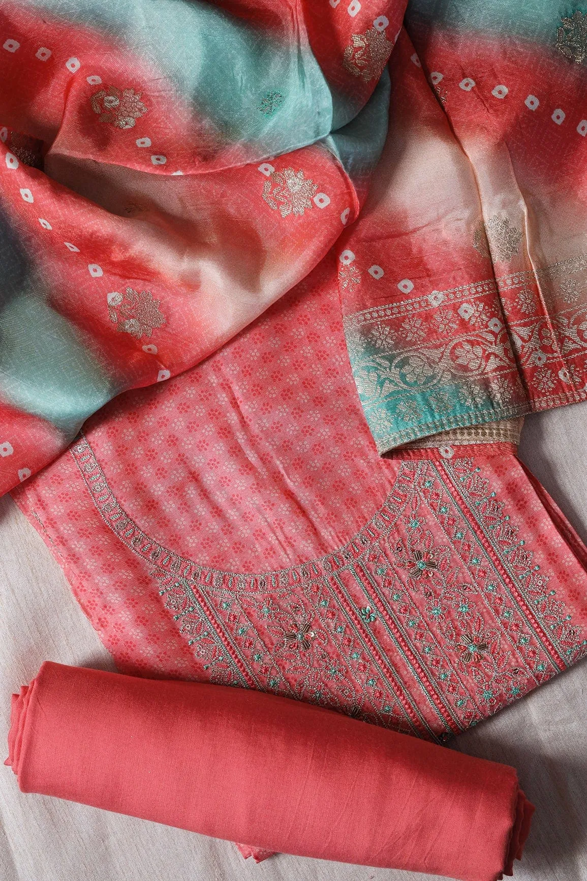 Gajri Pink Semi Stitched Pure Dola Silk Suit Set (3 piece)