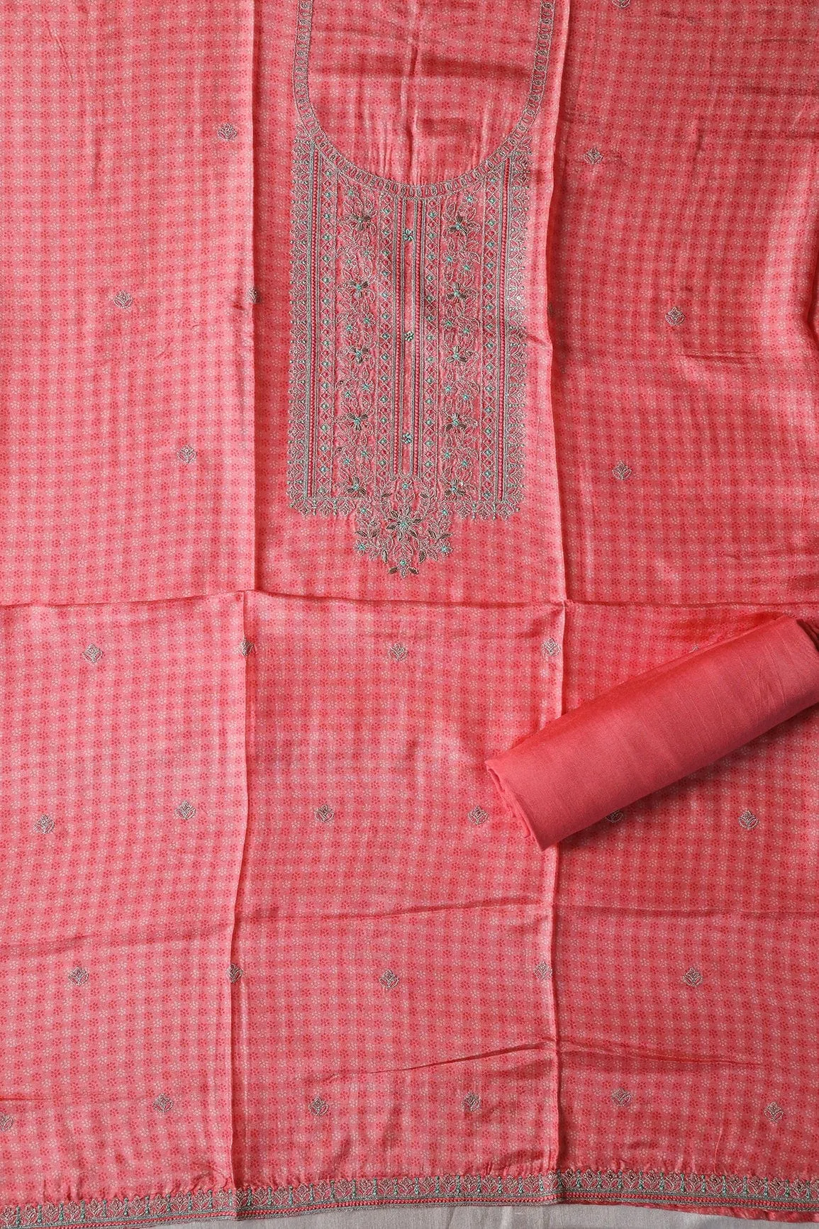 Gajri Pink Semi Stitched Pure Dola Silk Suit Set (3 piece)