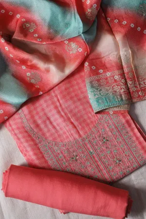 Gajri Pink Semi Stitched Pure Dola Silk Suit Set (3 piece)