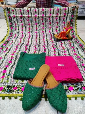 Green and Bright Pink Ensemble 4 Pc With Jutti , Chikankari Kurti Pallazo and Elegant Mirror work Dupatta