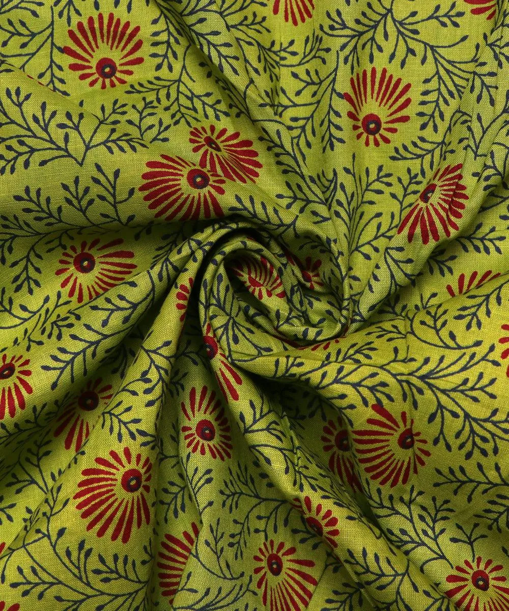 Green Colour Floral Print Cotton Fabric