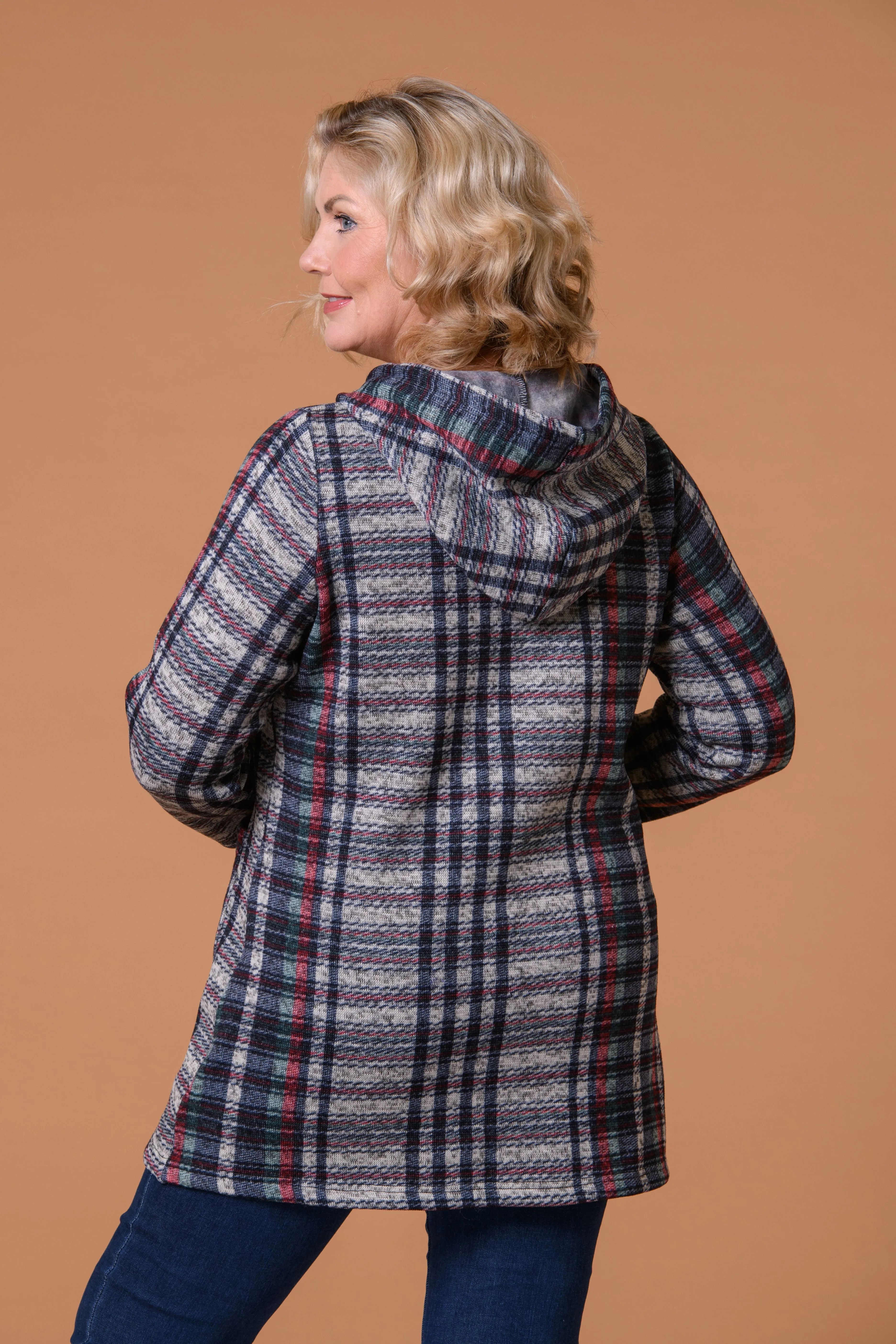 Hooded Check Coat -Navy
