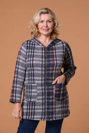 Hooded Check Coat -Navy