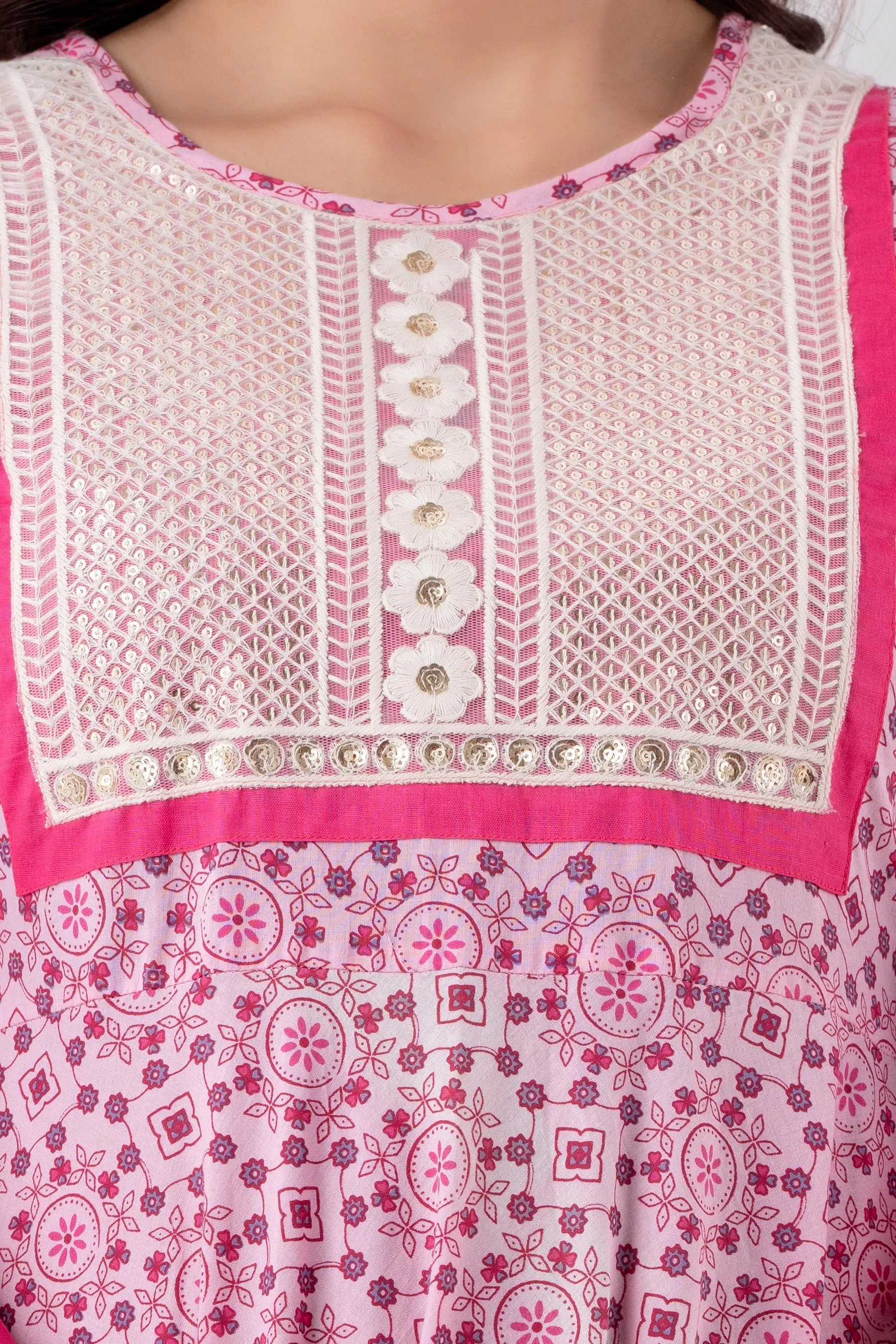 Jaipurite Tie Up Pink Embroidered Flared Party & Wedding Wear Long Kurta