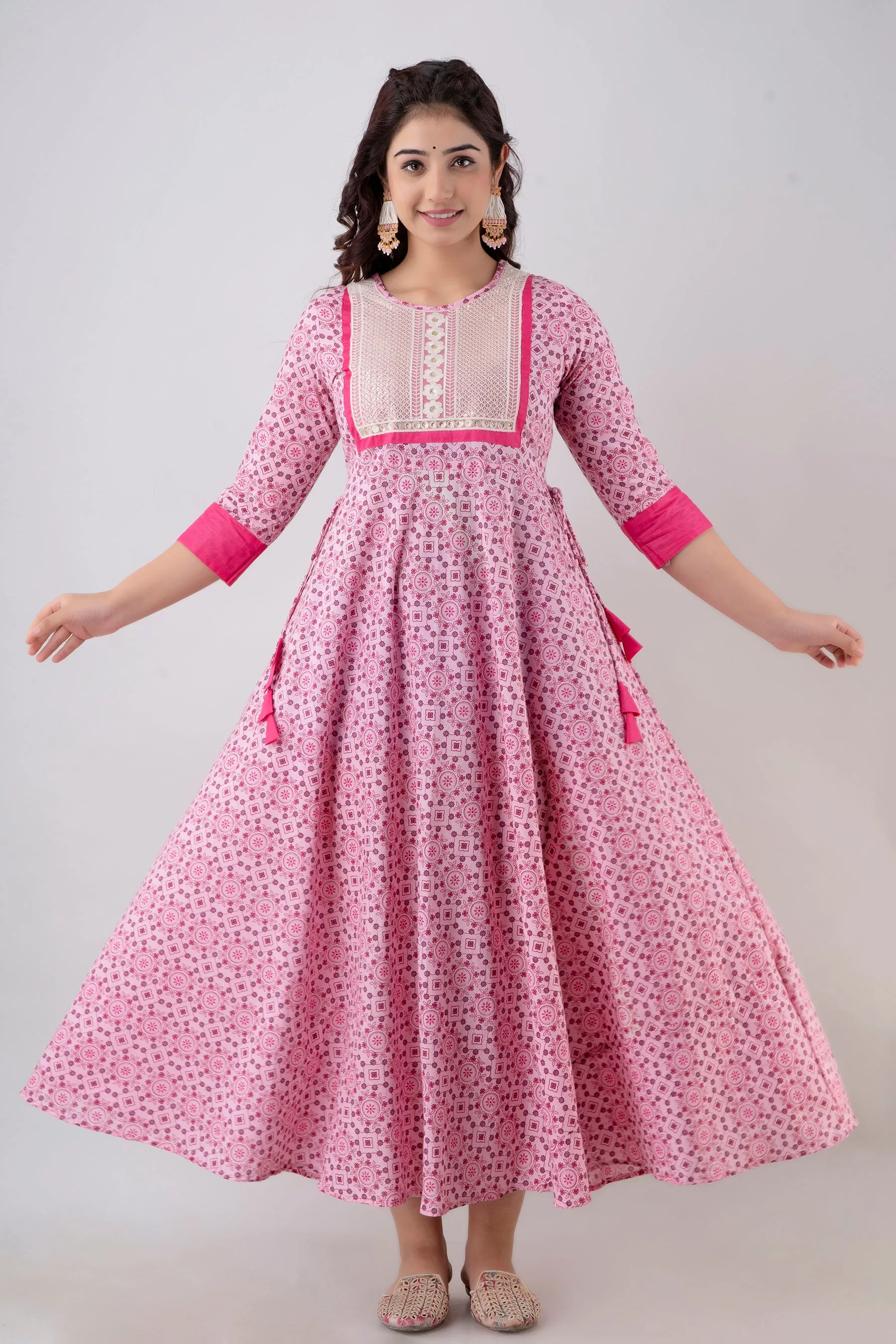 Jaipurite Tie Up Pink Embroidered Flared Party & Wedding Wear Long Kurta