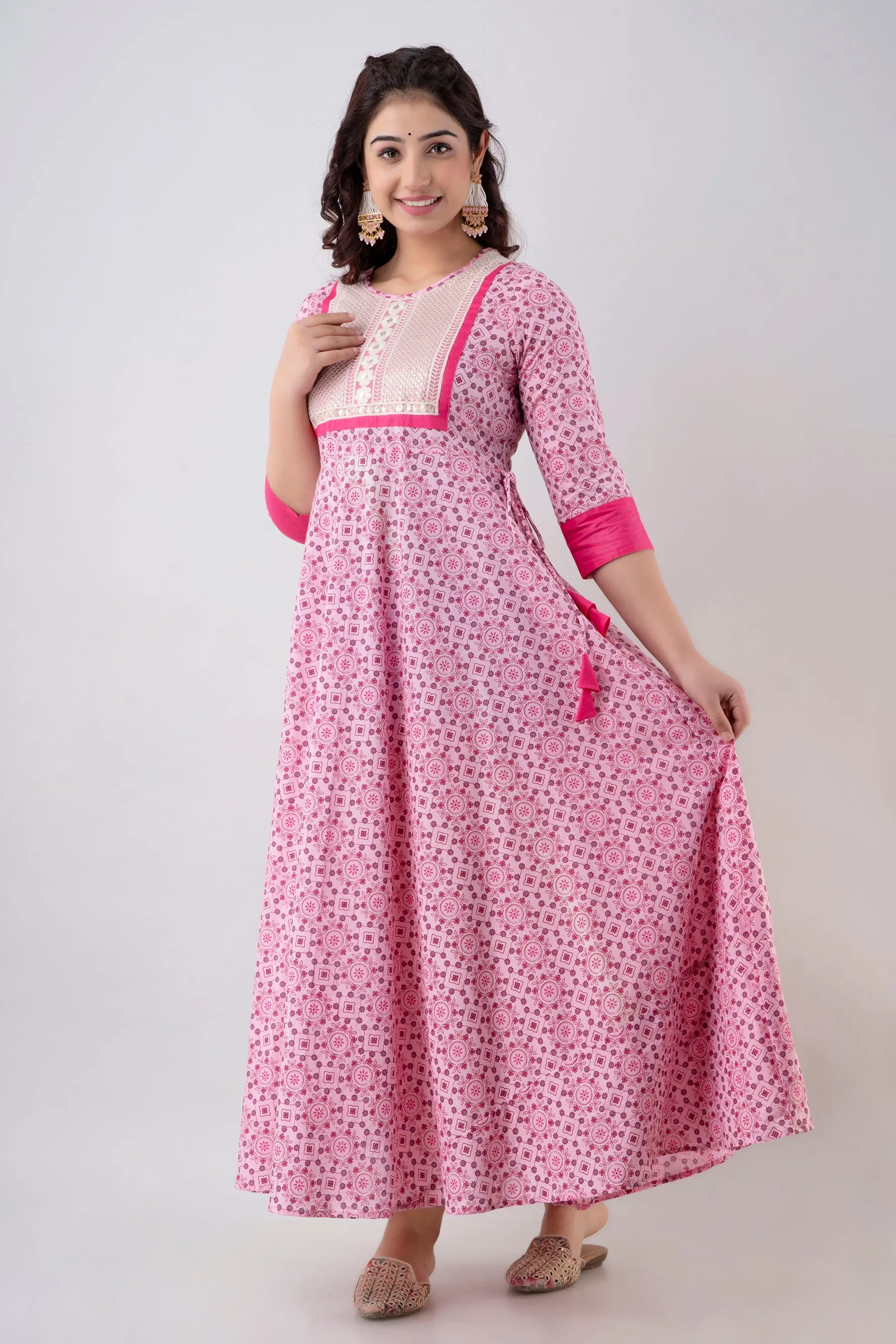 Jaipurite Tie Up Pink Embroidered Flared Party & Wedding Wear Long Kurta