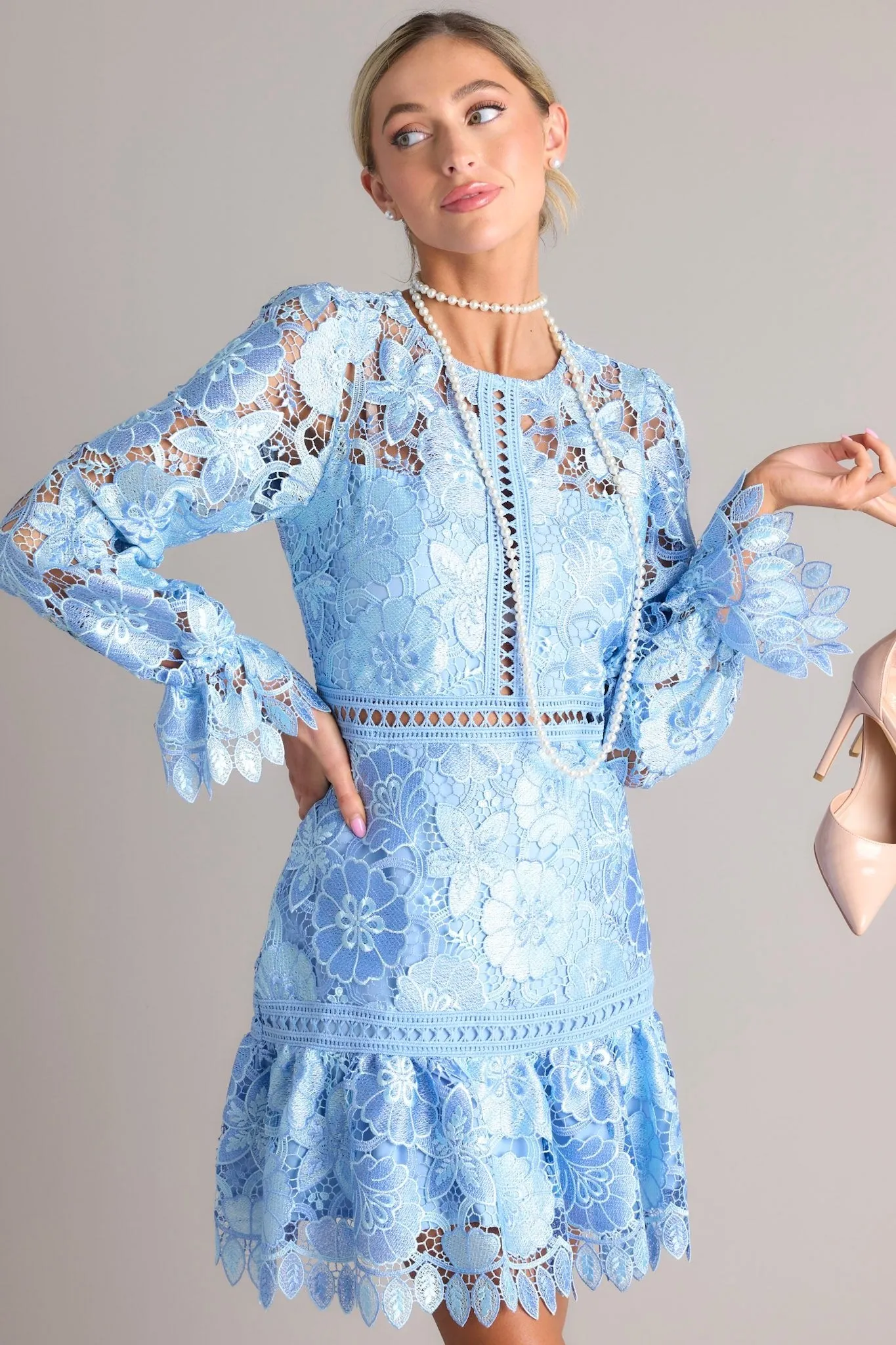 Keep It Authentic Light Blue Floral Embroidered Mini Dress