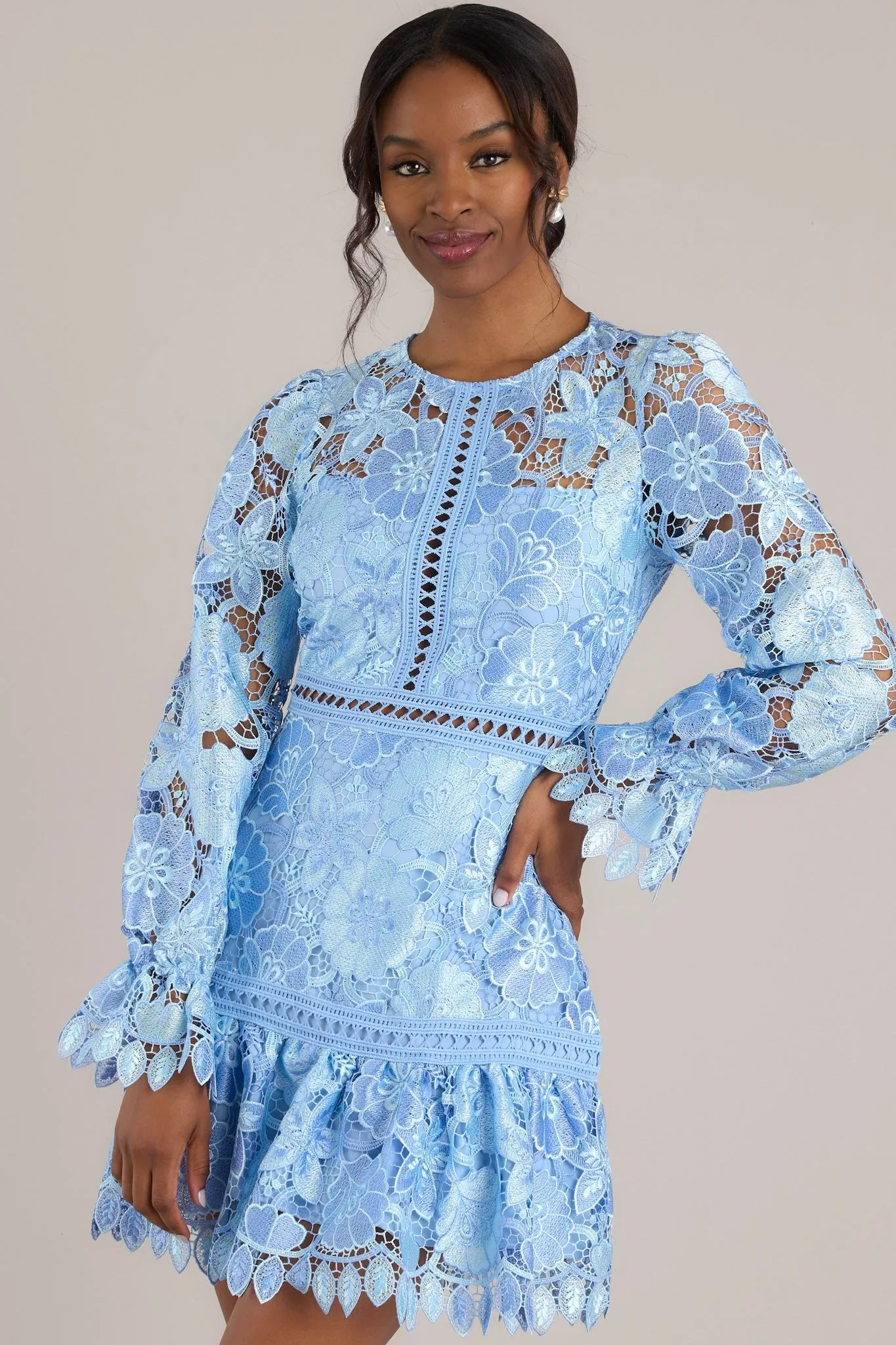 Keep It Authentic Light Blue Floral Embroidered Mini Dress