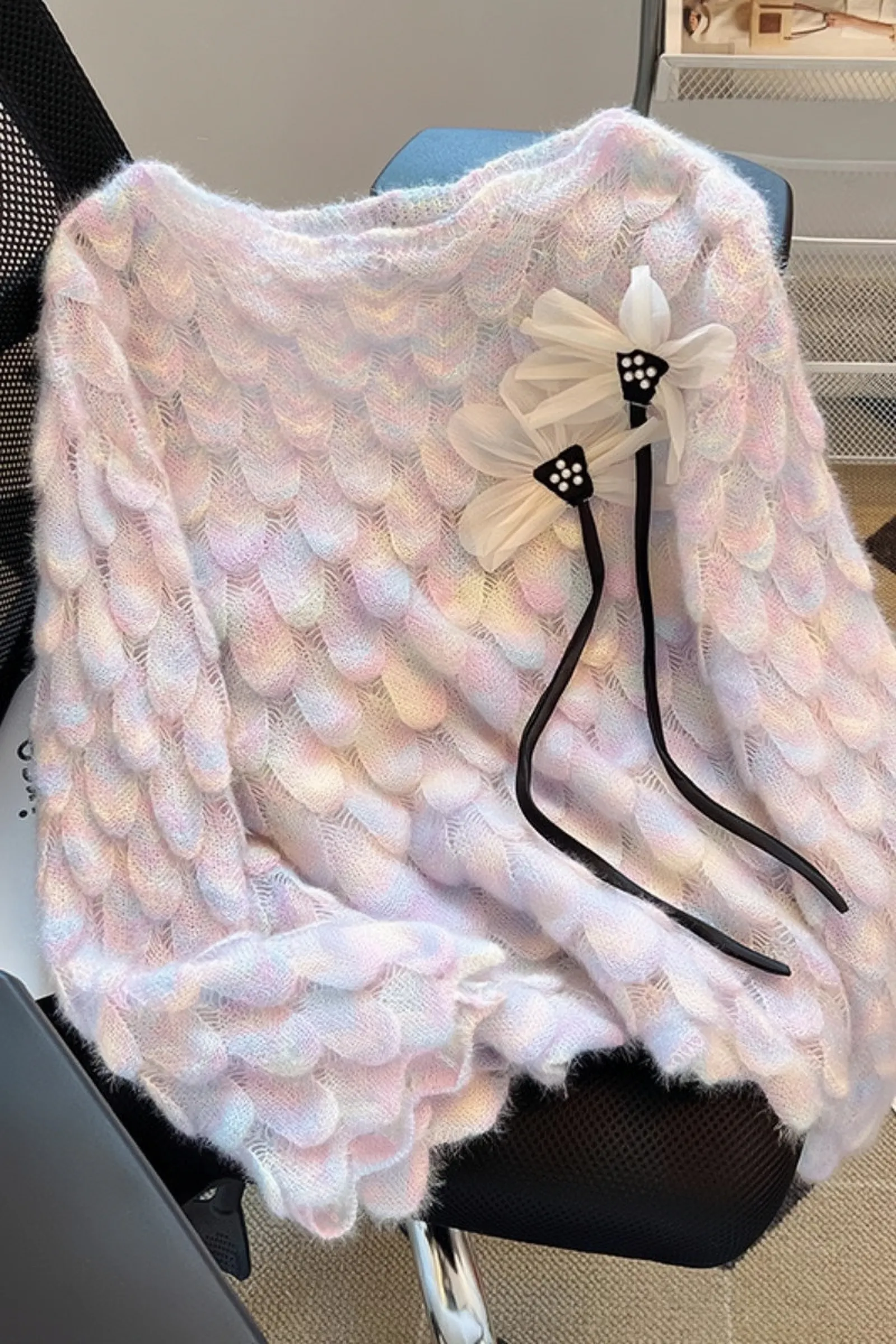 Lazy Style Gradient Soft Flower Knitted Round Neck Pullover Top Sweater