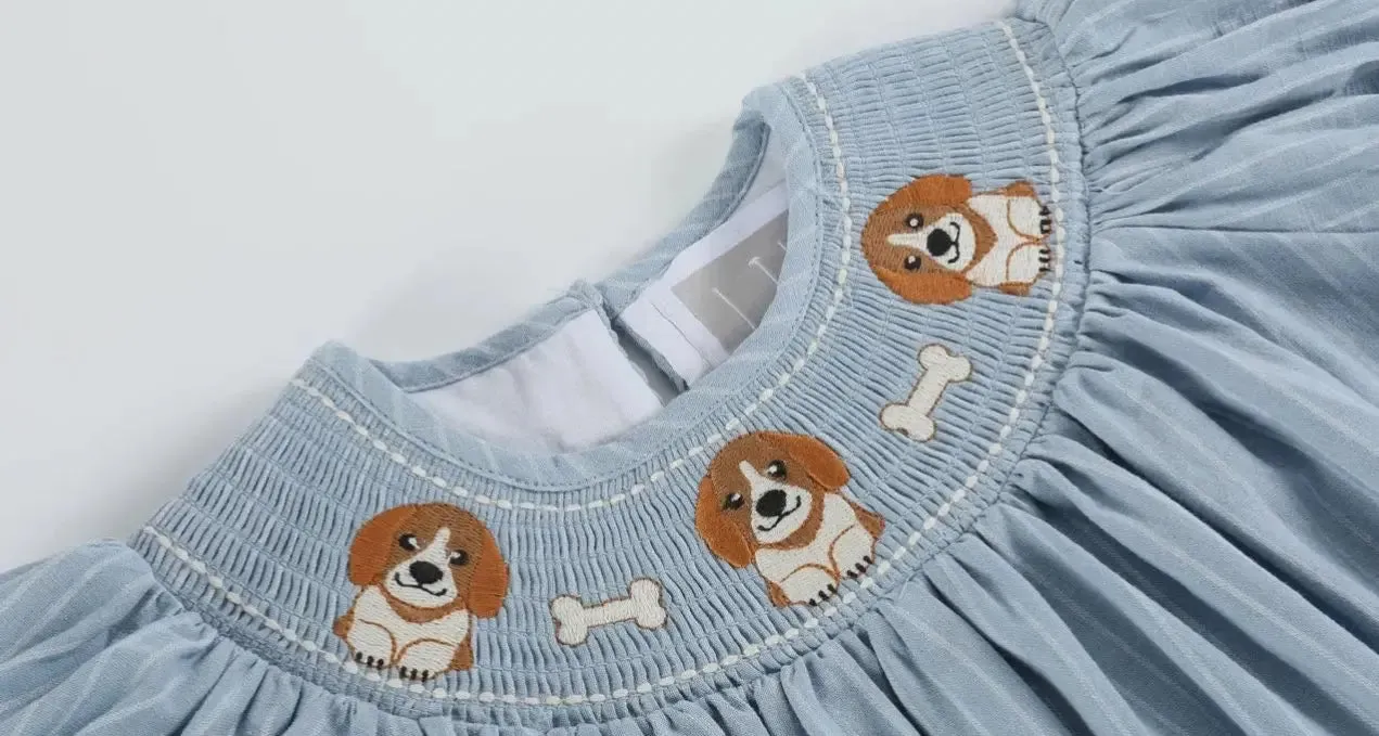 Light Blue Puppy Smocked Bishop Dress