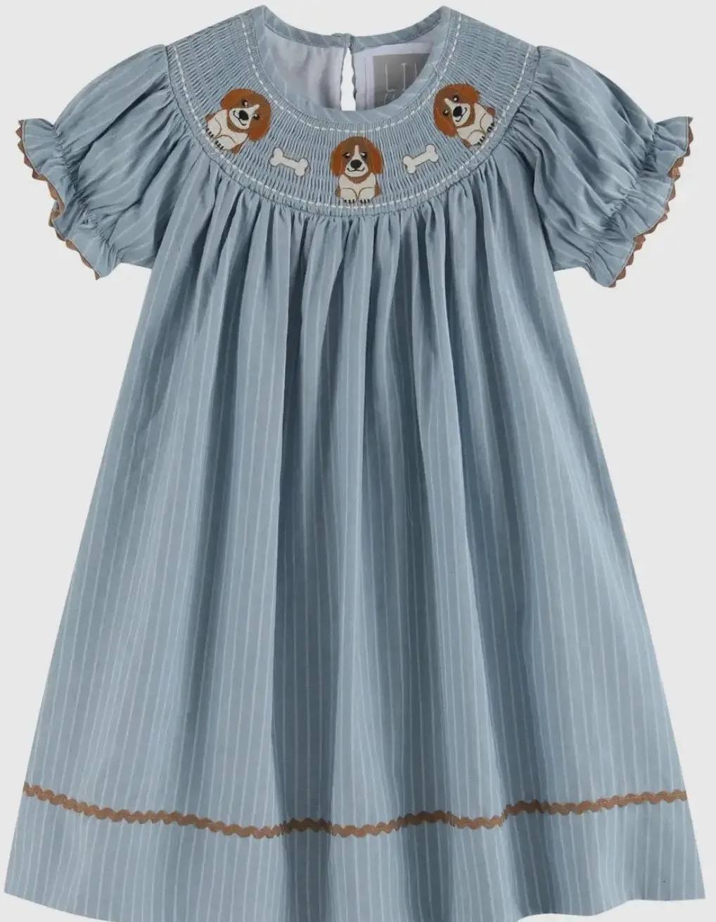 Light Blue Puppy Smocked Bishop Dress