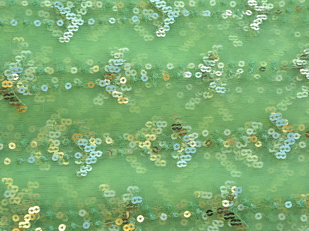 Light Mint Green Abstract Thread & Sequins Embroidered Net Fabric