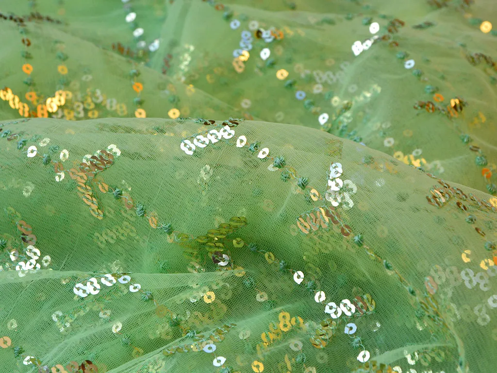 Light Mint Green Abstract Thread & Sequins Embroidered Net Fabric