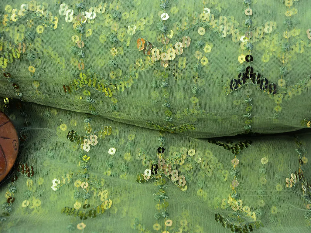 Light Mint Green Abstract Thread & Sequins Embroidered Net Fabric