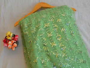 Light Mint Green Abstract Thread & Sequins Embroidered Net Fabric