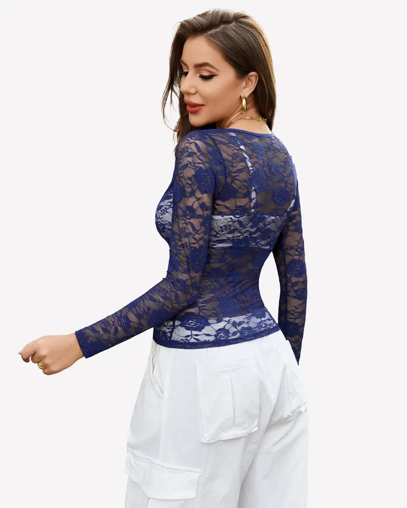 Mesh Sheer Floral Lace Shirt