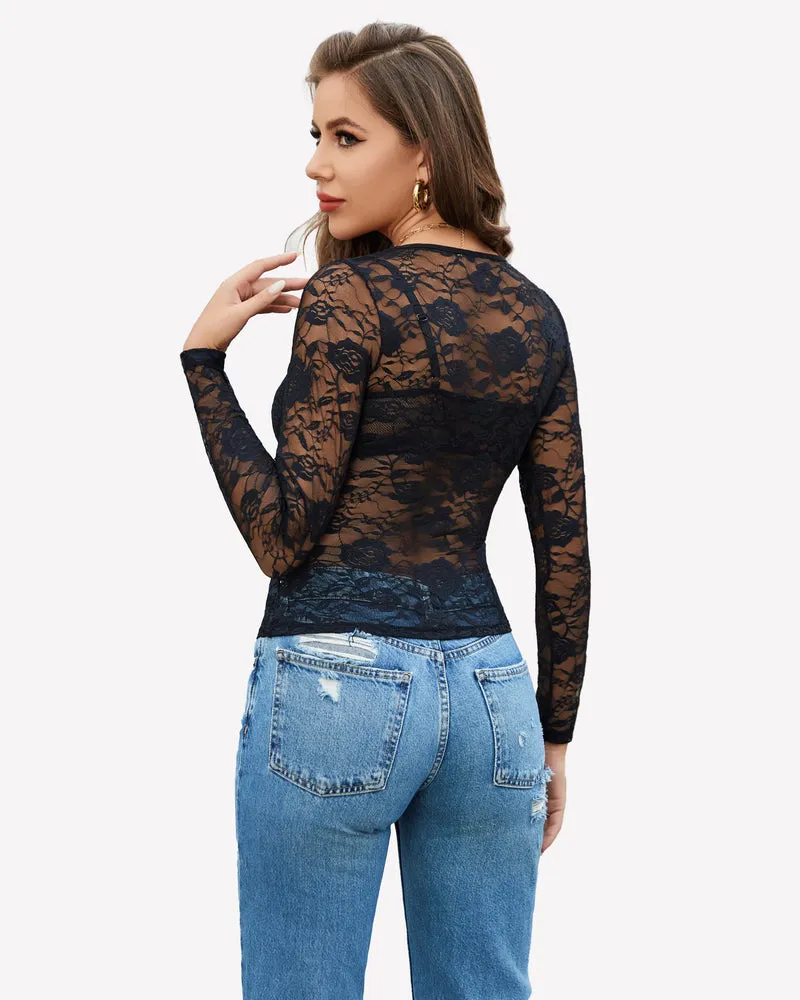 Mesh Sheer Floral Lace Shirt