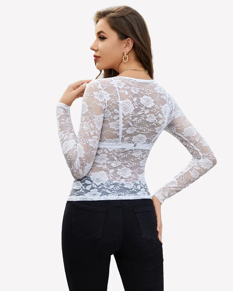 Mesh Sheer Floral Lace Shirt