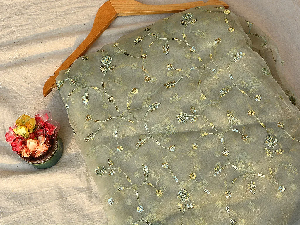 Mint Green Floral Sequins Embroidered Organza Fabric
