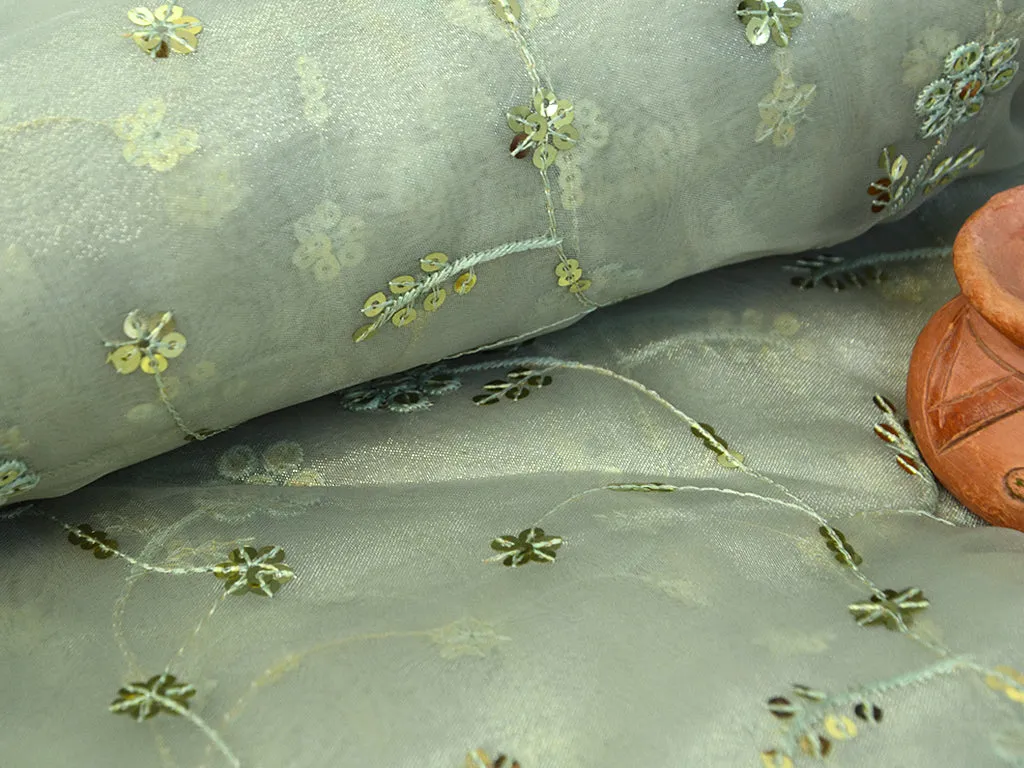 Mint Green Floral Sequins Embroidered Organza Fabric