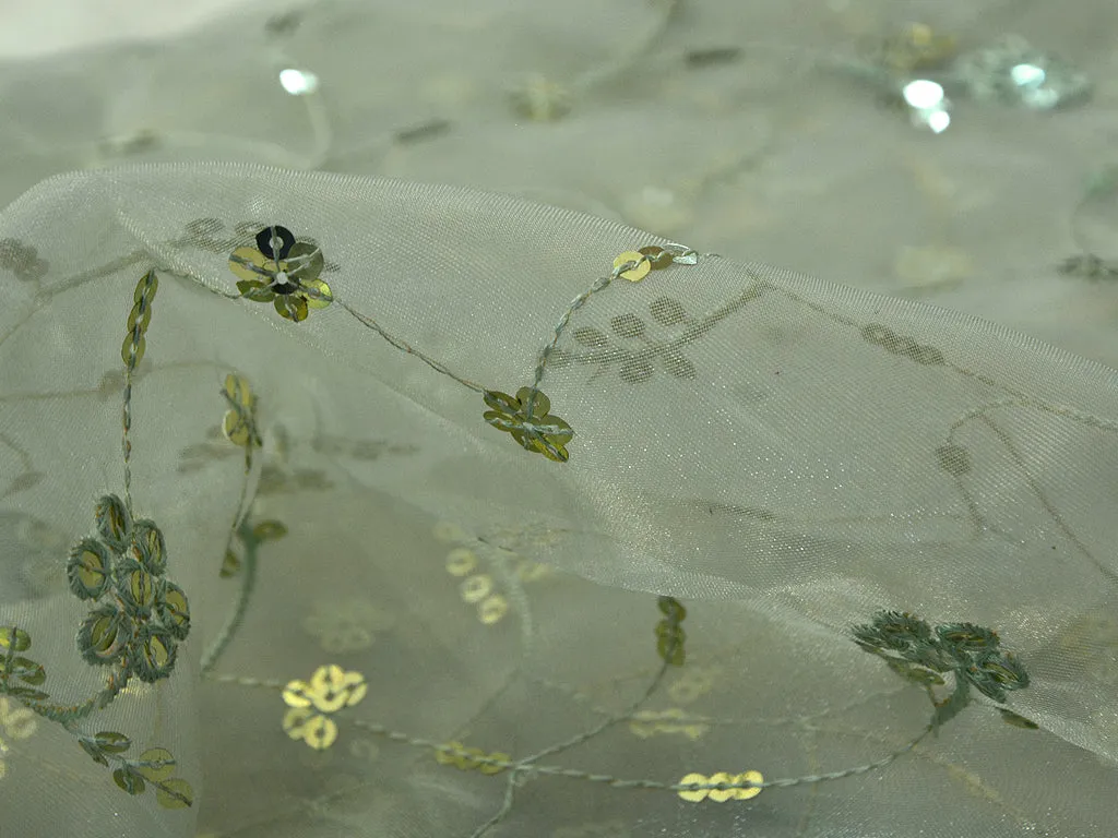 Mint Green Floral Sequins Embroidered Organza Fabric