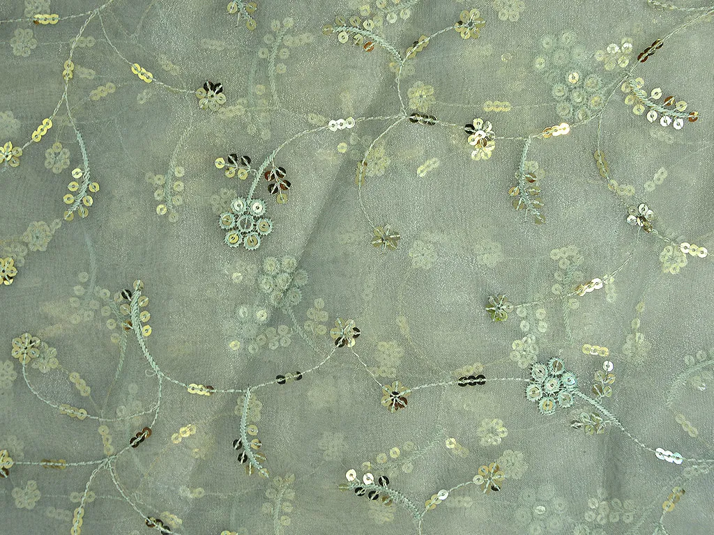 Mint Green Floral Sequins Embroidered Organza Fabric