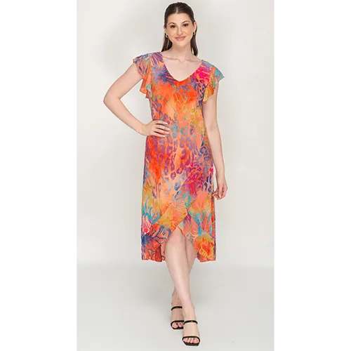 Multicolour, Flutter Sleeves, V Neck Dress For Womens