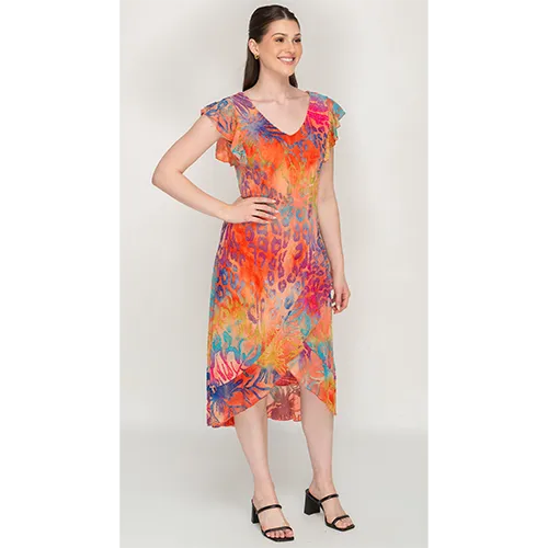 Multicolour, Flutter Sleeves, V Neck Dress For Womens