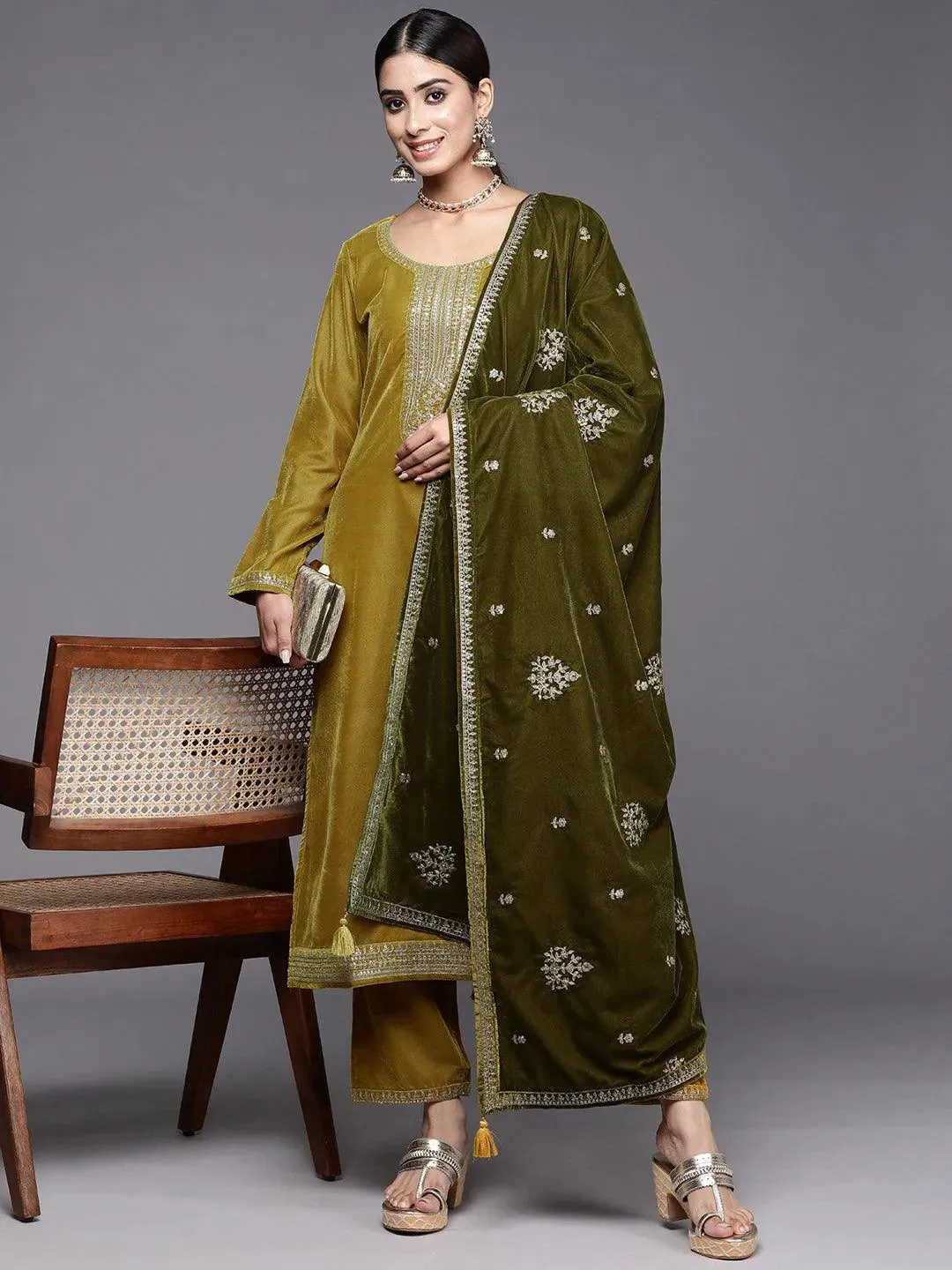 Mustard Yoke Design Velvet Straight Suit With Dupatta