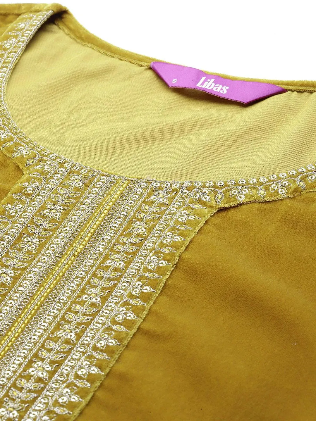 Mustard Yoke Design Velvet Straight Suit With Dupatta