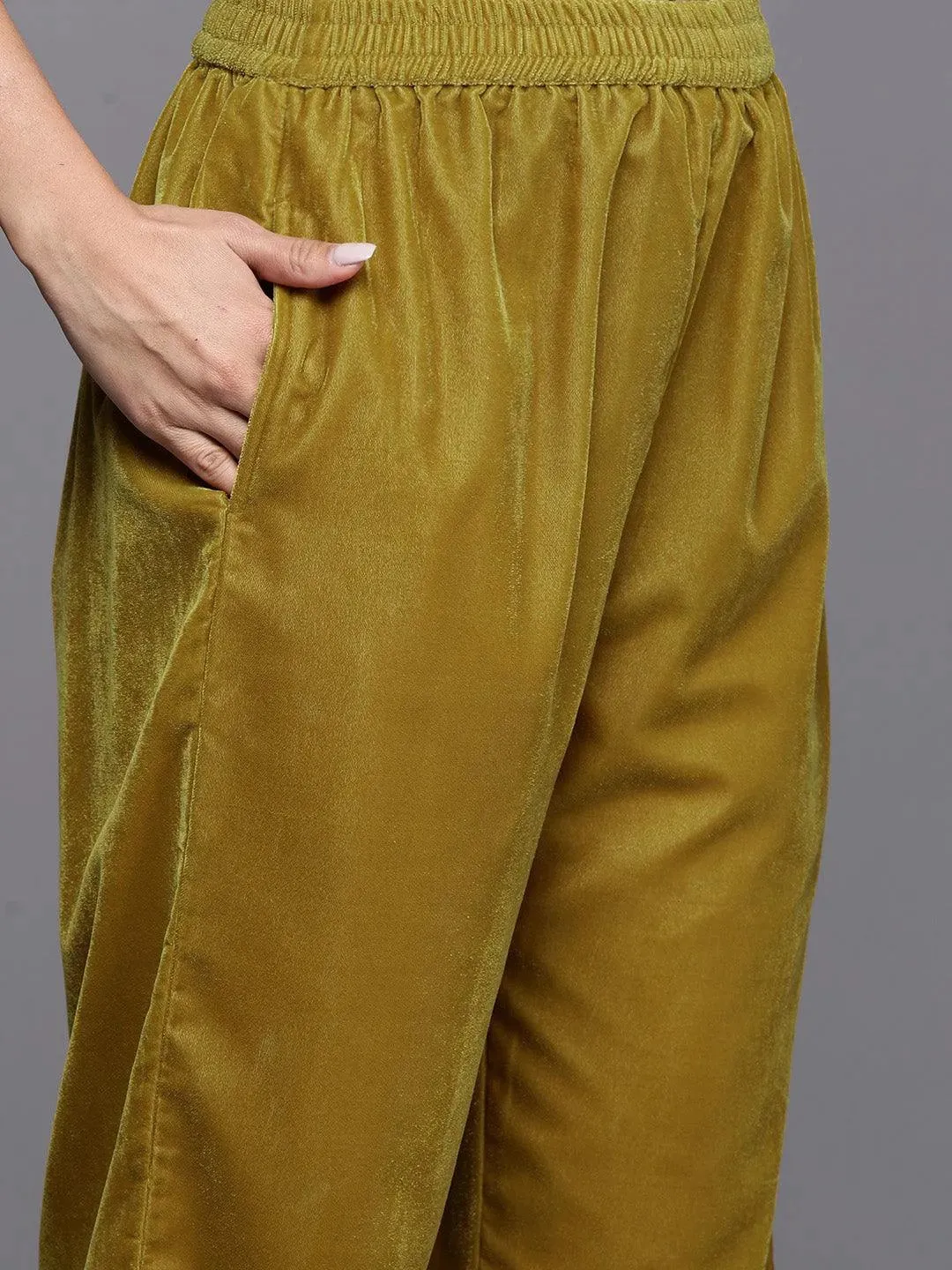 Mustard Yoke Design Velvet Straight Suit With Dupatta