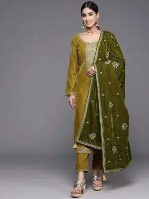 Mustard Yoke Design Velvet Straight Suit With Dupatta