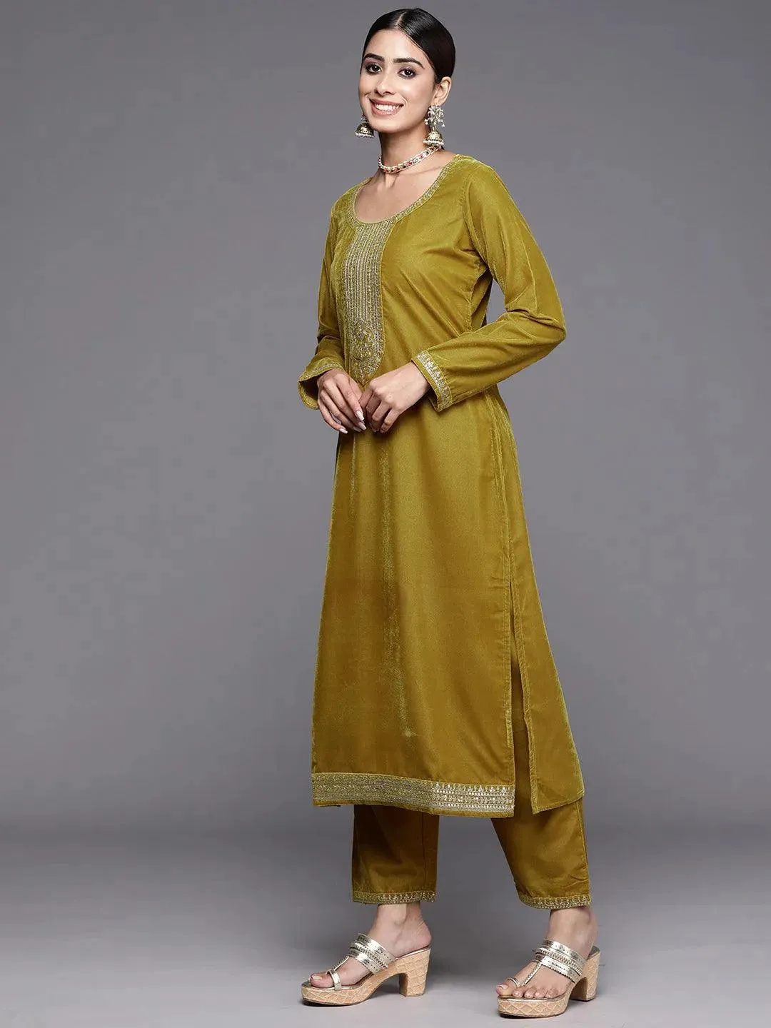 Mustard Yoke Design Velvet Straight Suit With Dupatta