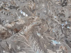Peach & Golden Floral Sequins Embroidered Leheriya Net Fabric