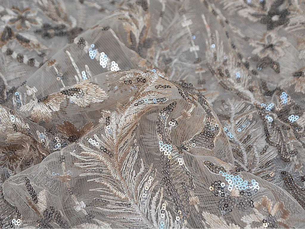 Peach & Golden Floral Sequins Embroidered Leheriya Net Fabric