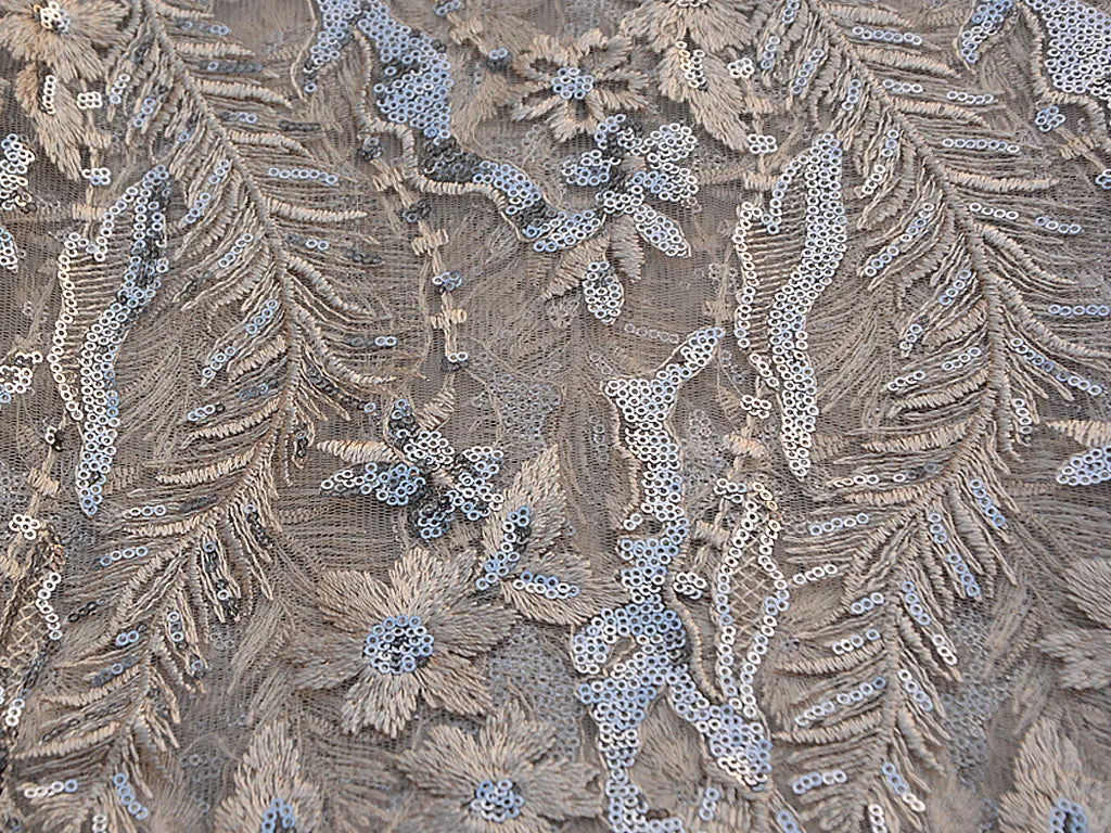 Peach & Golden Floral Sequins Embroidered Leheriya Net Fabric