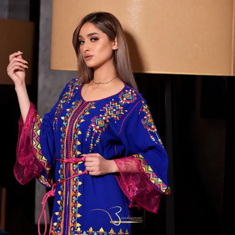 Pink and Blue Embroidered Kaftan