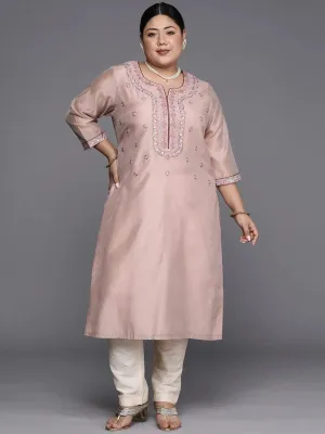 Plus Size Pink Yoke Design Chanderi Cotton Straight Kurta