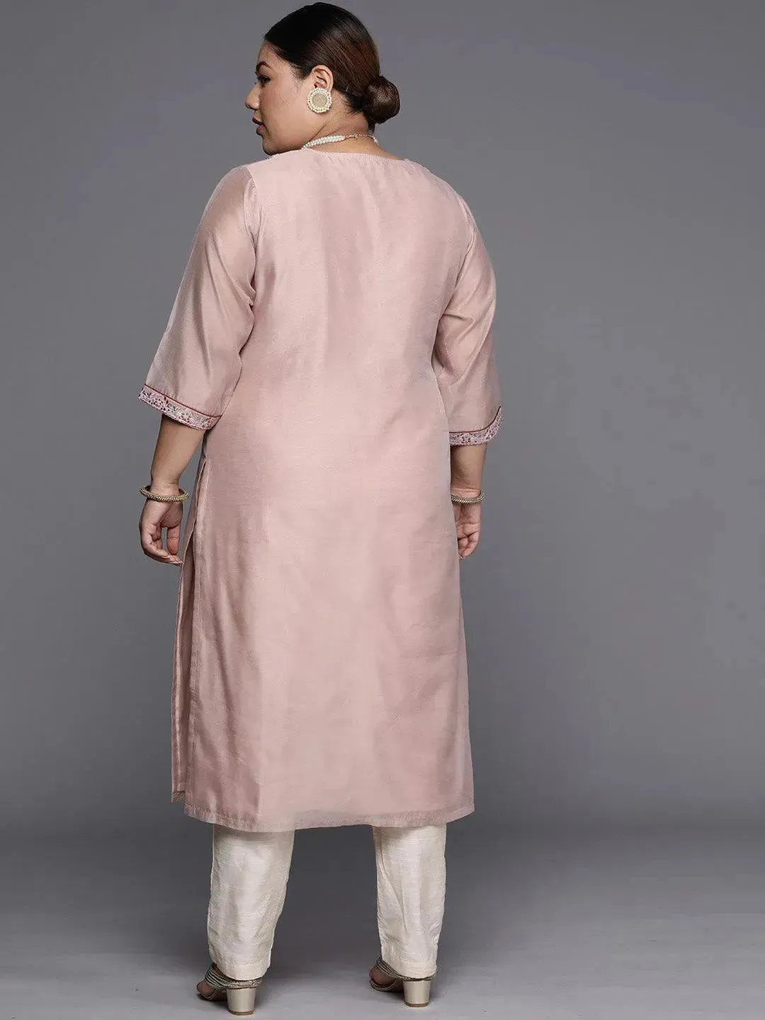 Plus Size Pink Yoke Design Chanderi Cotton Straight Kurta