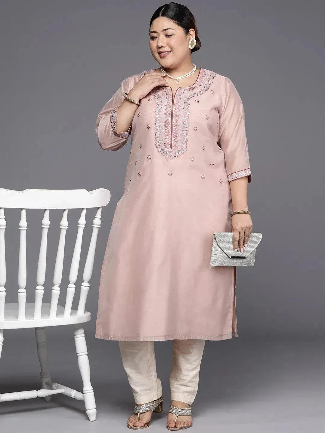 Plus Size Pink Yoke Design Chanderi Cotton Straight Kurta