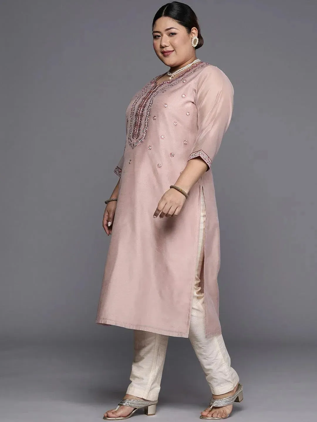 Plus Size Pink Yoke Design Chanderi Cotton Straight Kurta